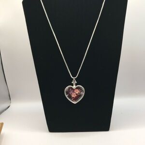 Heart floral acrylic Pendant Necklace with Silver-tone Chain